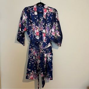 Blue Floral Print Silk Robe